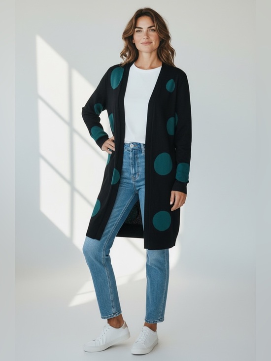 Chico's Sweaters - Chicos Women’s Size M (1) Long Sleeve Open Front Polka Dots Midi Cardigan